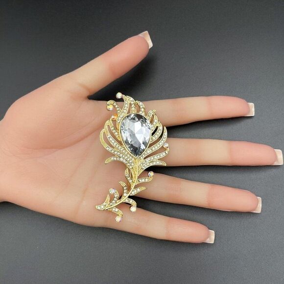 Yellow Gold with Diamond and AB Crystal Single Peacock Feather Pin Back Brooch - Picture 9 of 9